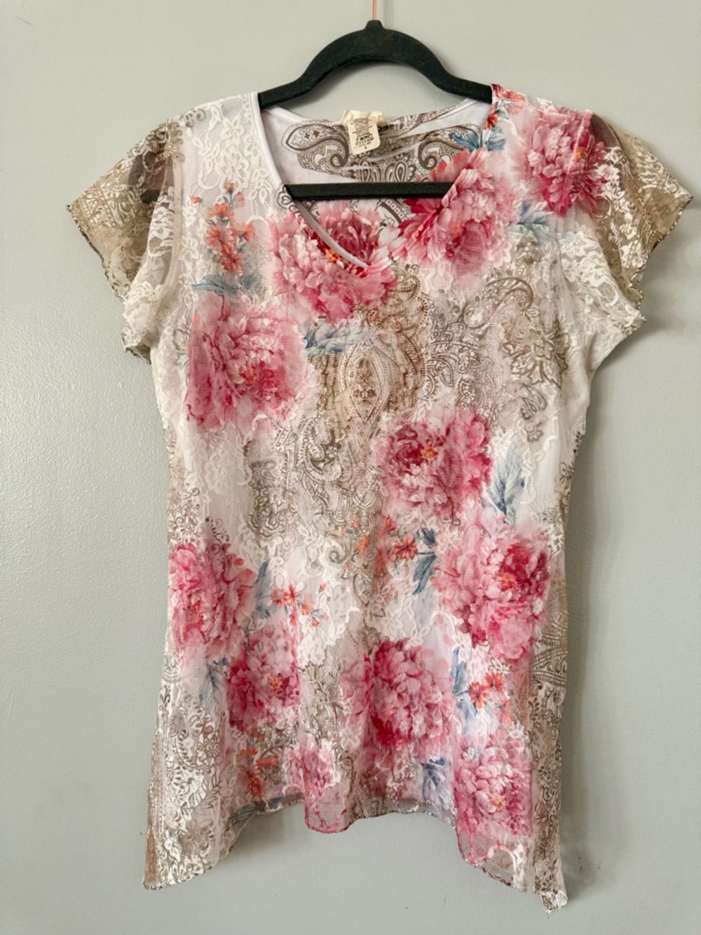 Euc Whimsigoth Fairycore Floral Lace Top Brittany Black Asymmetrical Hem